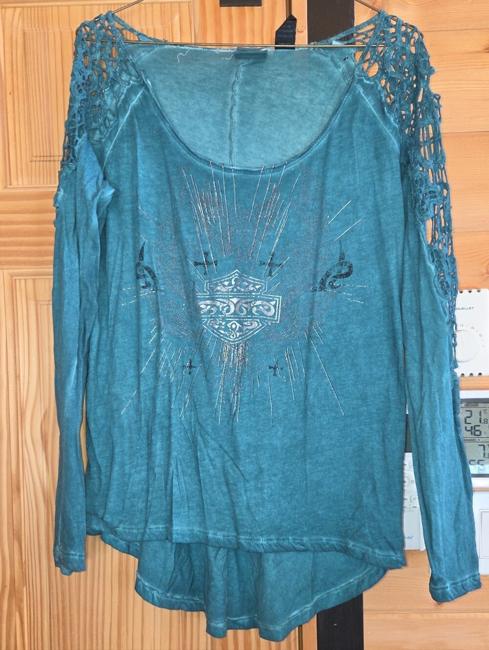 Harley-Davidson Teal Crochet-Shoulder Long Sleeve Tee